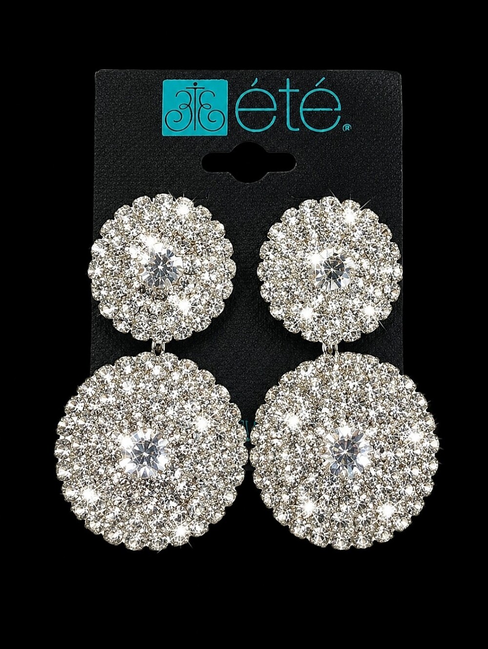 ETE Brand Clear Rhinestone Encrusted Prong Set Silver Tone Pierced Earrings NEW